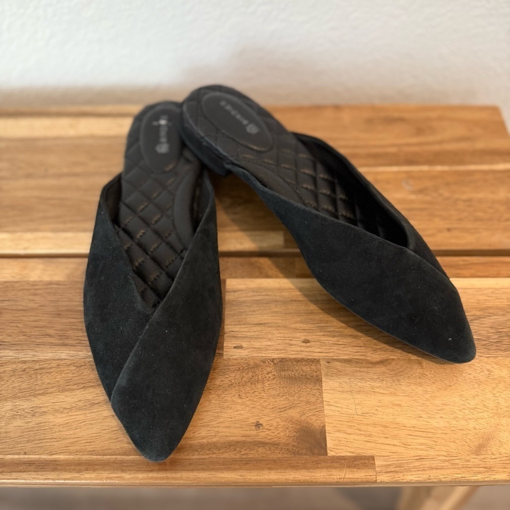 Birdies- The Swan Black Suede Pointy Mules - Size 6.5